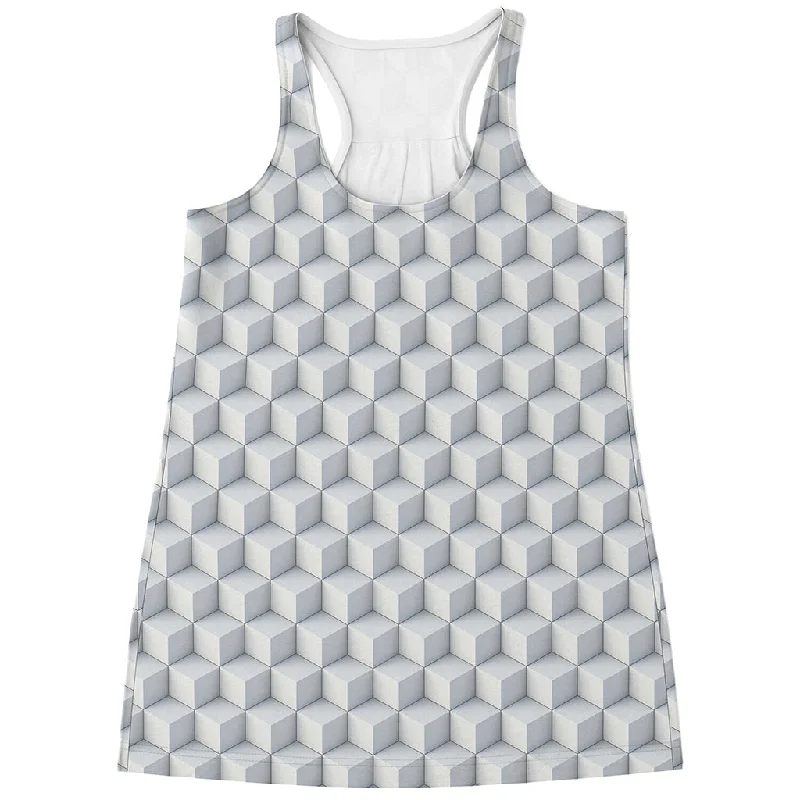 White Geometric Cube Shape Pattern Print Women's Racerback Tank Top peekaboo tank top