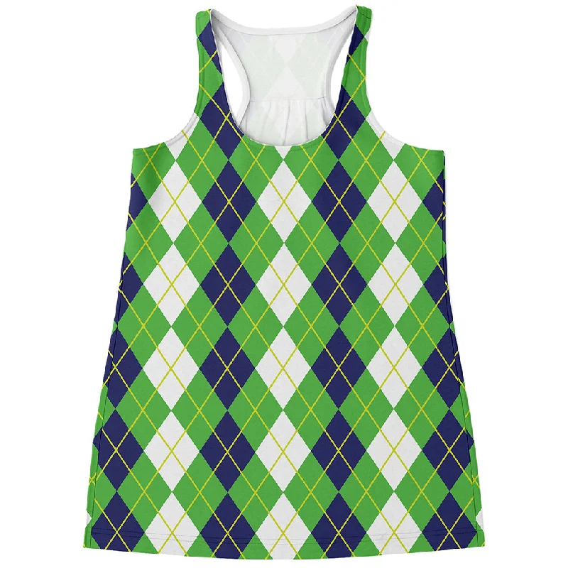White Green And Navy Argyle Print Women's Racerback Tank Top halter tank top