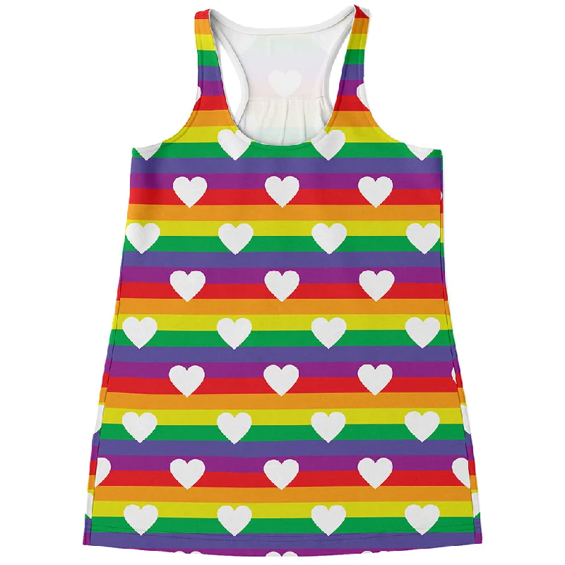 White Heart On LGBT Pride Striped Print Women's Racerback Tank Top bronze tank top