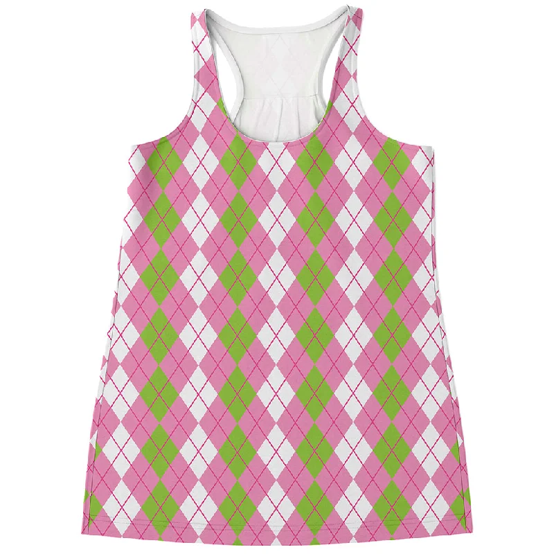 White Pink And Green Argyle Print Women's Racerback Tank Top modal blend tank