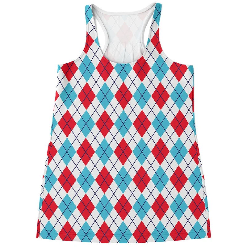 White Red And Blue Argyle Pattern Print Women's Racerback Tank Top bronze tank top