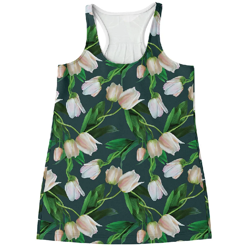 White Tulip Pattern Print Women's Racerback Tank Top tie dye tank