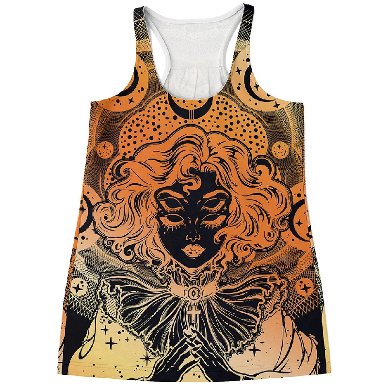 Wiccan Girl And Magical Moon Print Women's Racerback Tank Top crew neck tank