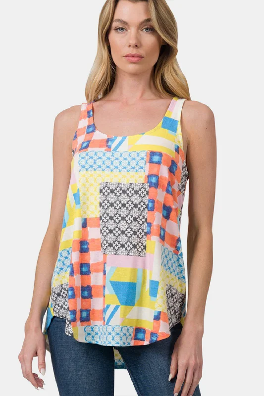 Womens Flowy Tank Top Printed Round Neck Curved Hem Shirt Zenana navy tank top